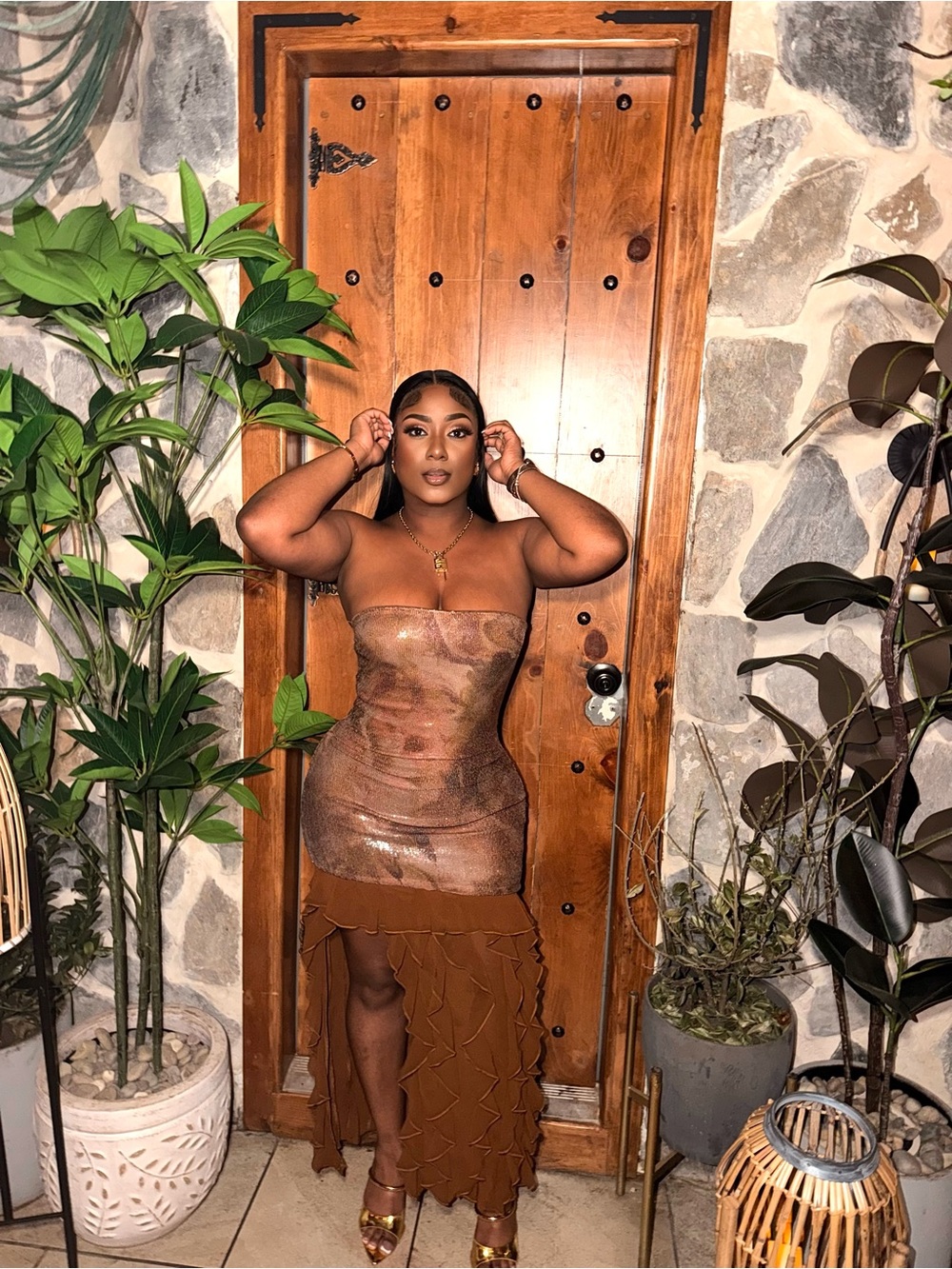 Strapless Brown Metallic Mermaid Dress
